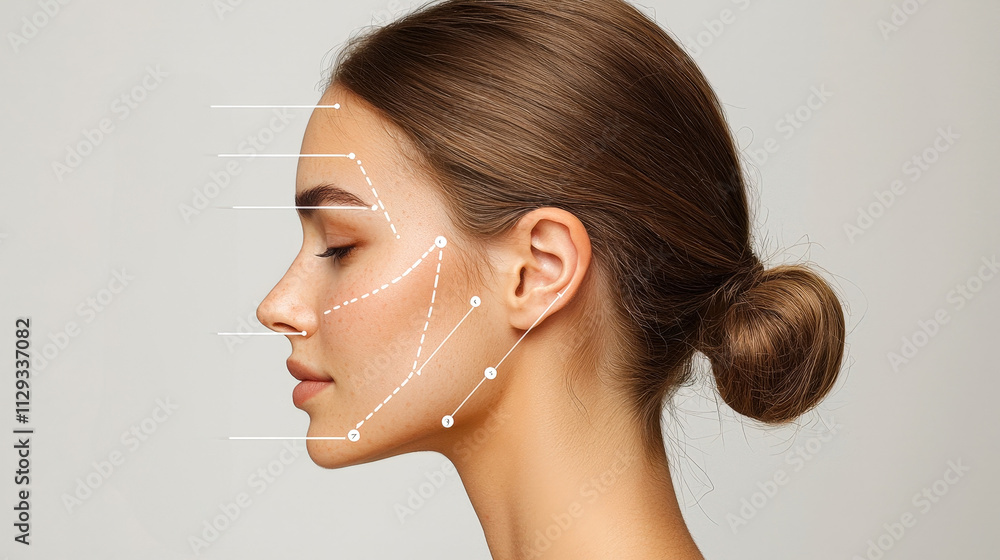 Poster a profile view highlights facial features and contours, emphasizing symmetry and aesthetics in a ser