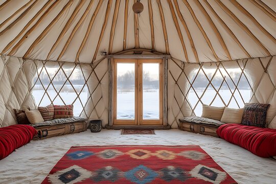 Cozy yurt interior with a winter view