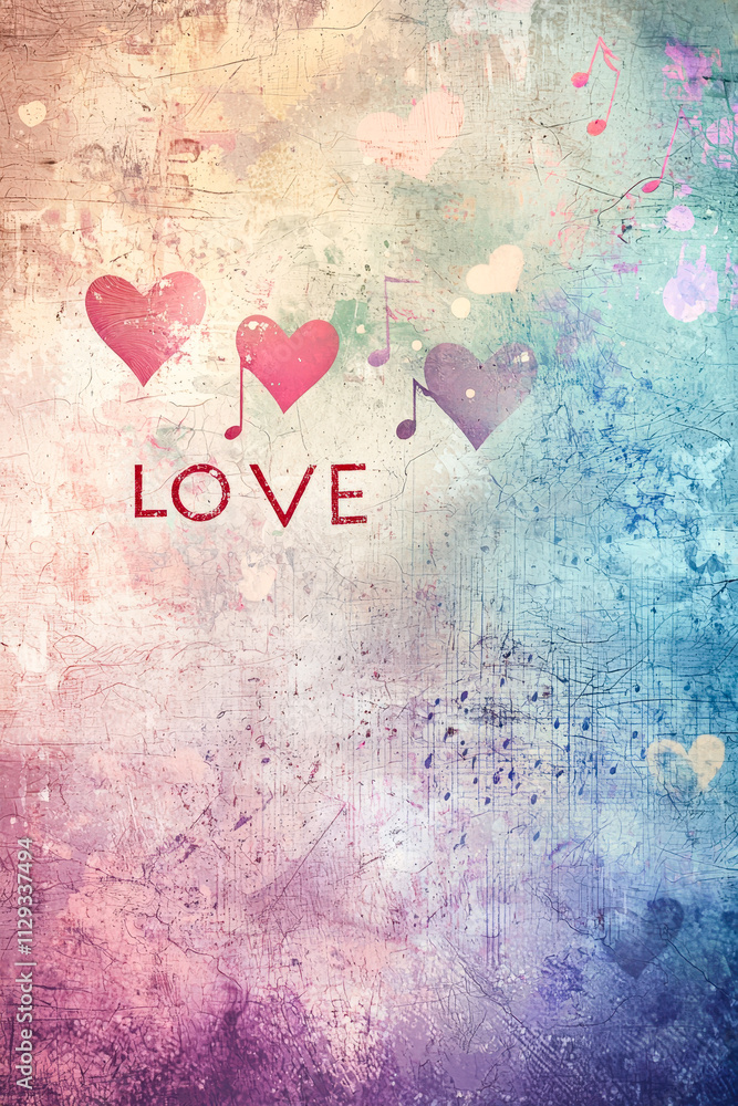 Poster bright, vibrant background filled with hearts and musical notes, creating a joyful atmosphere of lov