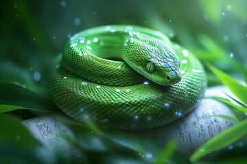 Fototapeta premium A close-up view of an emerald tree boa resting among green leaves, its vibrant green scales shimmering under soft light, with a bokeh effect in the background.