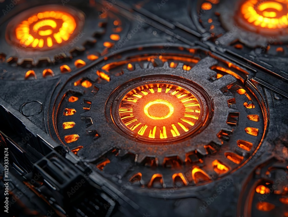 Poster close-up view of glowing gears with intricate designs in a dark background.