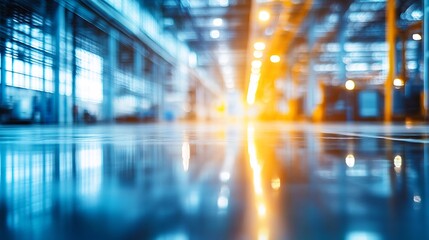 Fototapeta premium Abstract Industrial Factory Interior with Blurred Background and Reflective Floor