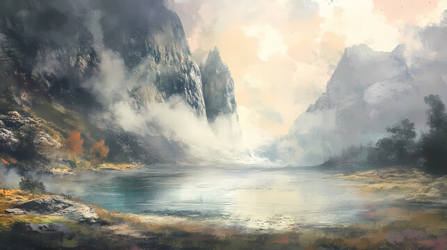 The fjord is immersed in morning mist img. Fjord. Illustration