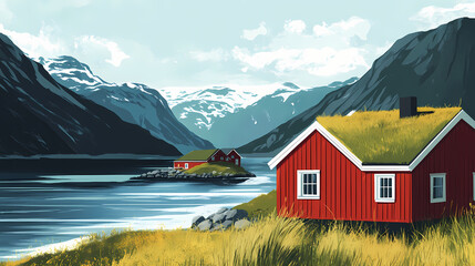 Traditional red wooden house with grass roof on the shore of fjord in norway. Fjord. Illustration