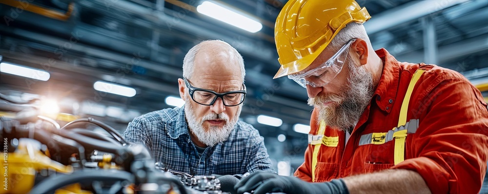 Poster two skilled workers collaborate on a mechanical project in a modern workshop.