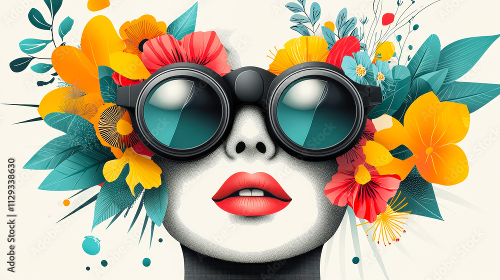 Poster a creative portrait showcases a face adorned with oversized sunglasses and surrounded by an array of