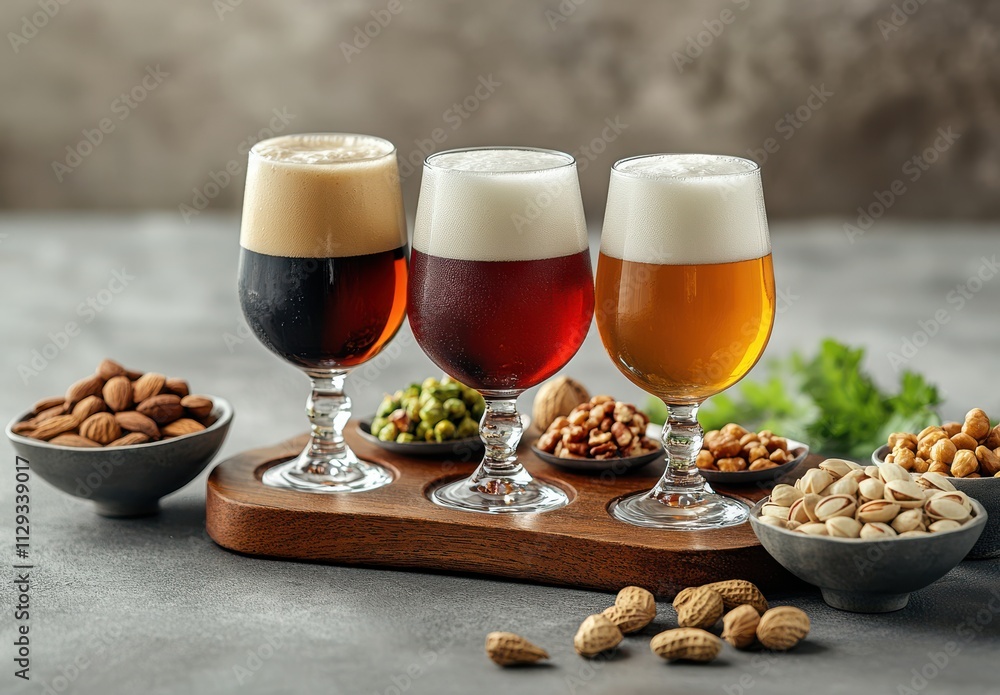 Poster a beautiful selection of craft beers displayed in elegant glasses alongside an assortment of nuts on