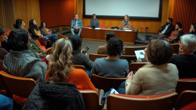 Attentive audience listens to panelists at a presentation in an auditorium. - Powered by Adobe