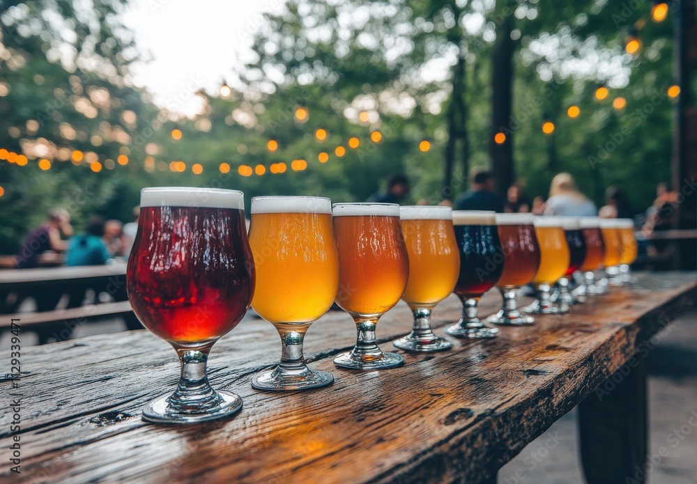 Poster a colorful array of craft beer glasses on a rustic wooden table at an outdoor gathering during golde