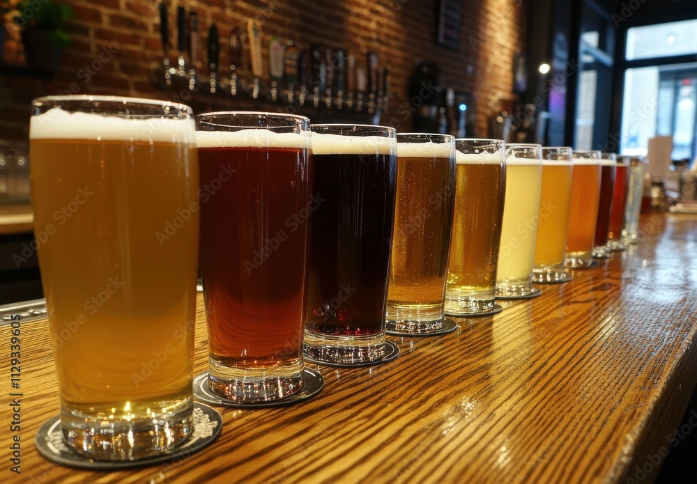 Poster a colorful array of craft beers and ales displayed on a wooden bar top with brick wall background in