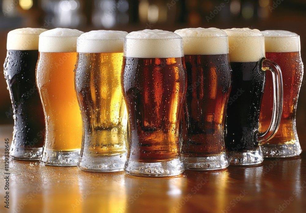 Poster a colorful array of lively beer glasses with foamy tops showcasing different varieties of beer in a 