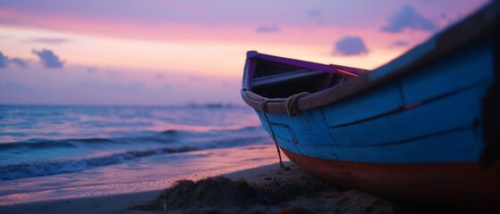 A colorful boat rests on the shore at sunset.