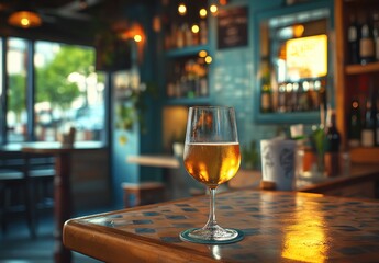 A Refreshing Glass of Beer on a Vibrant Bar Table Surrounded by Cozy Atmosphere and Warm Lighting, Perfect for Relaxing Evenings and Social Gatherings
