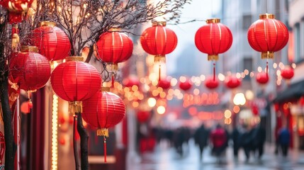 A vibrant street scene with red lanterns and decorations for Chinese New Year