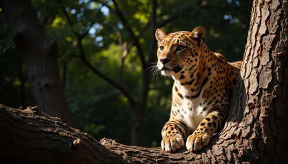 Leopard lounging gracefully on tree branch in shaded forest environment