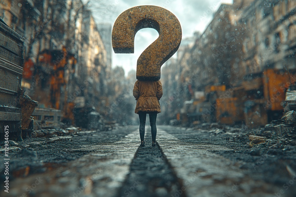 Poster a person stands in front of a street sign with a question mark, suitable for use in illustrations or