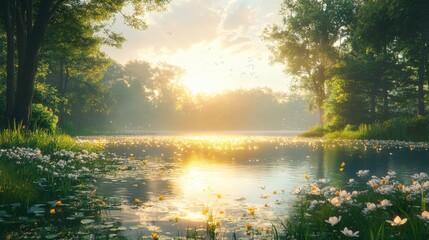 Fototapeta premium Serene Sunrise Over Tranquil Lake Surrounded by Lush Greenery and Blooming Flowers in a Peaceful Nature Landscape