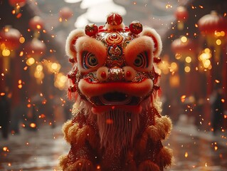 Closeup of a stunning Chinese New Year lion dance with intricate details on the lion's head and vibrant colors in motion