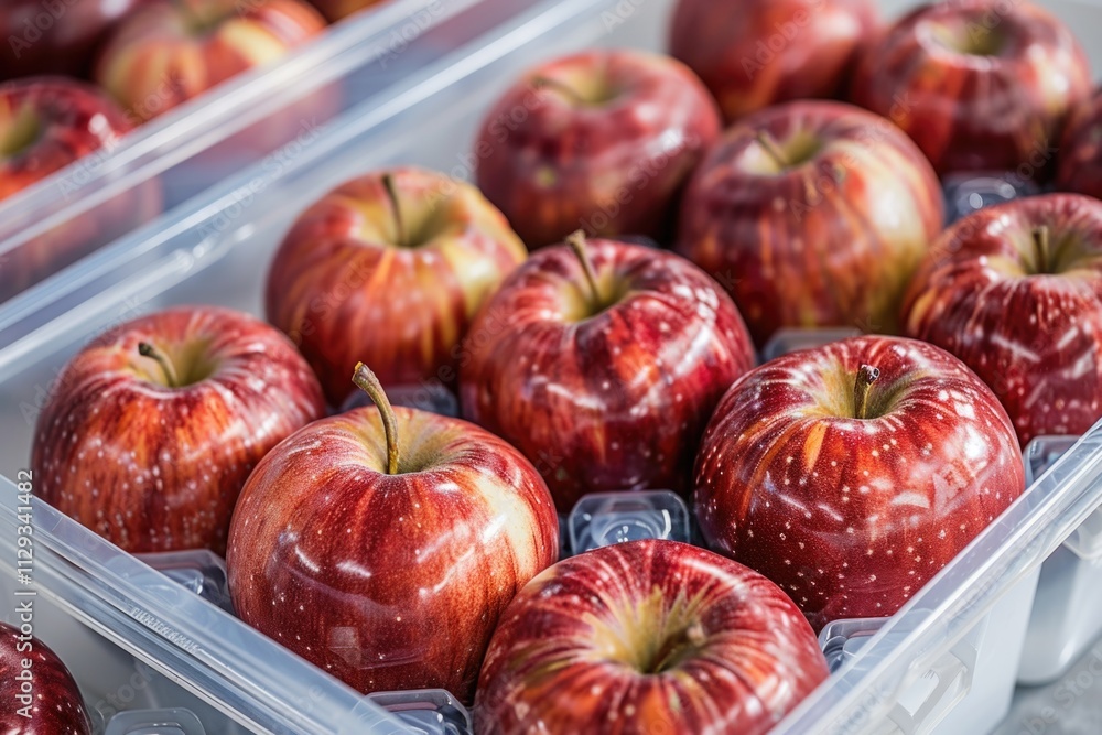 Poster freshly picked red apples stored in plastic containers