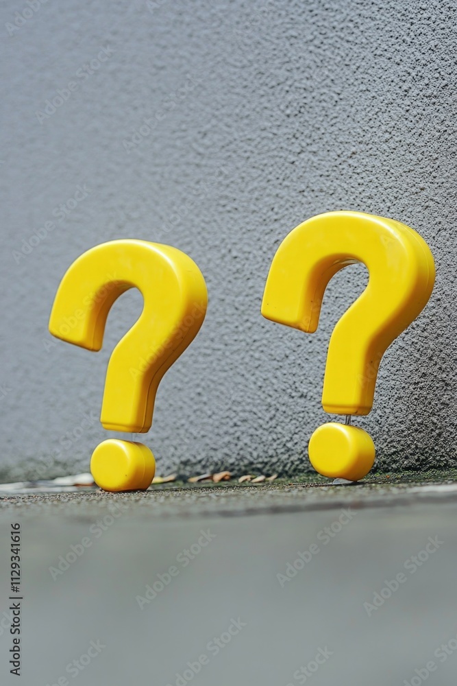 Aufkleber two yellow question marks sit next to a wall, possibly as part of a sign or display