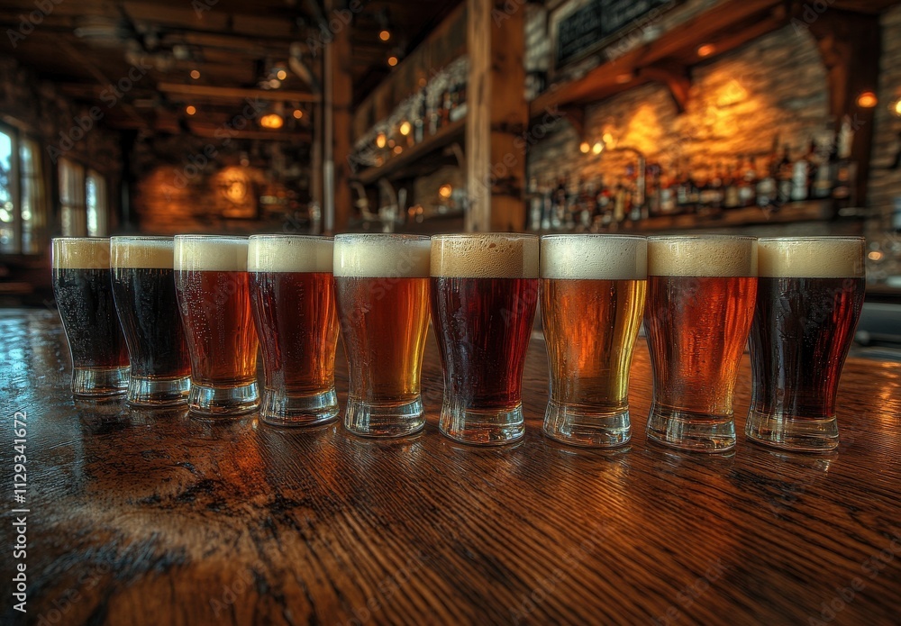Poster assortment of colorful craft beers displayed in a tasting flight on a rustic wooden table inside a c