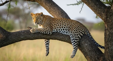 Majestic leopard resting on tree branch in african savanna