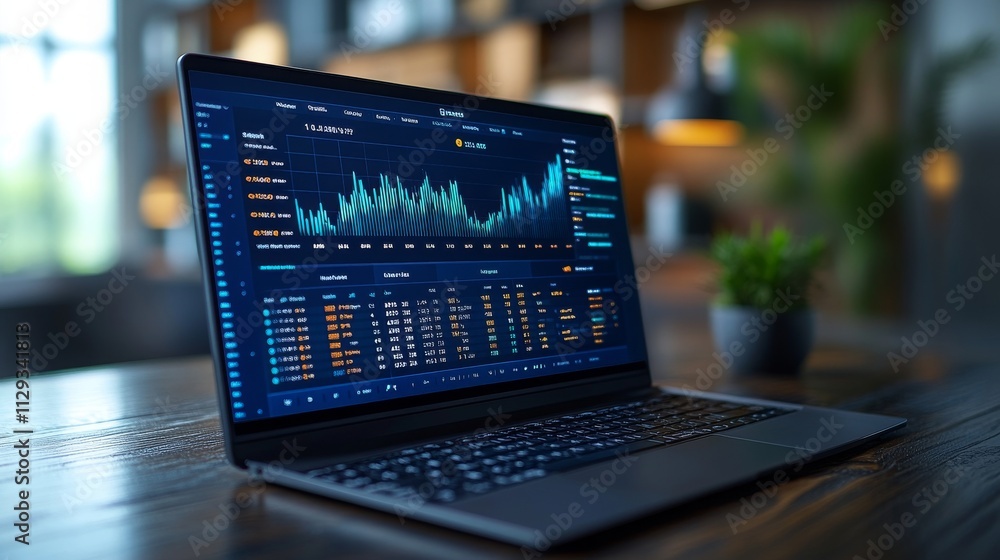 Poster a fintech platform displaying real-time financial data on a laptop in a modern workspace