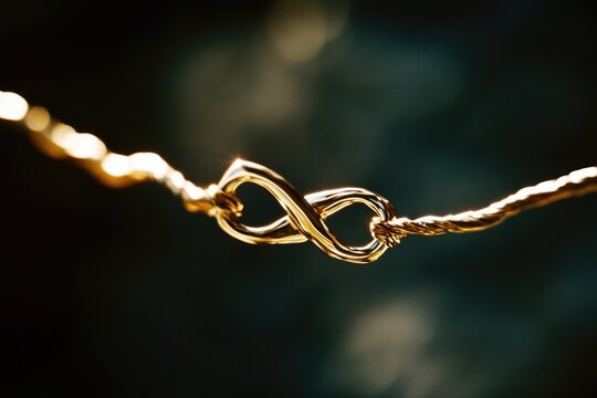 A detailed view of a gold necklace featuring a distinctive knot design
