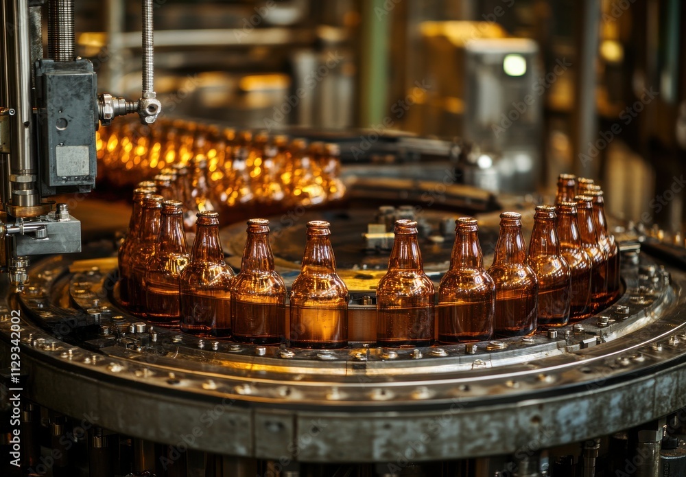 Poster bottles on production line in beverage factory, industrial equipment in action, automated process of
