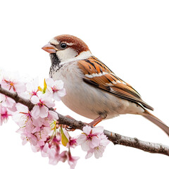 Sparrow bird in warm spring time on blossom tree branch isolated on a transparent background