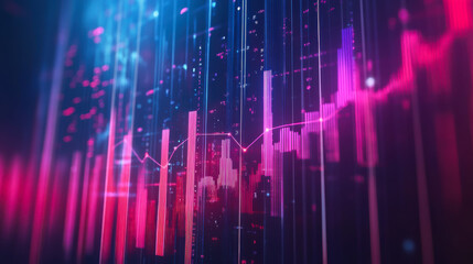 Colorful data visualization shows financial fluctuations with vibrant bars and lines on a digital backdrop