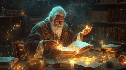 Obraz premium Elderly wizard studies glowing book, surrounded by books.