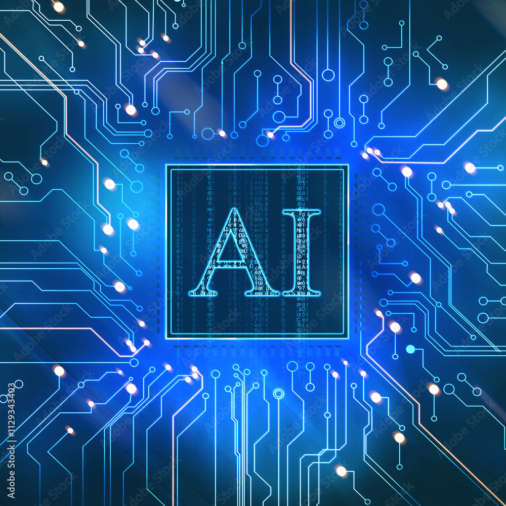 Poster artificial intelligence. electronic chip with ai abbreviation on circuit board, top view