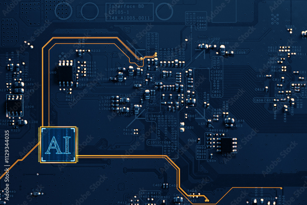 Poster artificial intelligence. electronic chip with ai abbreviation on circuit board, top view