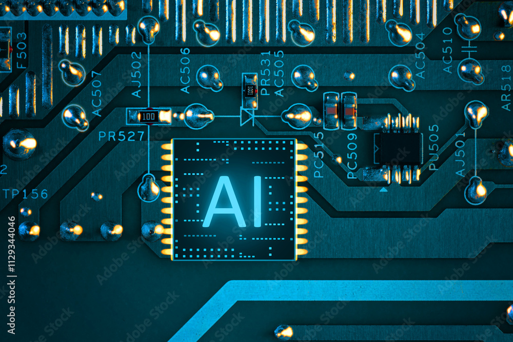 Poster artificial intelligence. electronic chip with ai abbreviation on circuit board, top view