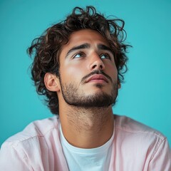 Obraz premium A person with curly hair wearing a bright pink shirt, ideal for use in illustrations or graphics needing a unique character