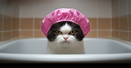 Cat Grooming Grumpy Cat in Pink Shower Cap: Bathroom Grooming Humor