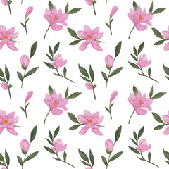 Flower Watercolor Seamless Pattern.Pink magnolia. Collection magnolia flowers on an isolated white background, watercolor floral design elements. Floral illustration for textile design  