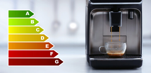 Energy efficiency rating of home appliances. Electric espresso machine making coffee on white...