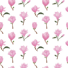 Flower Watercolor Seamless Pattern.Pink magnolia. Collection magnolia flowers on an isolated white background, watercolor floral design elements. Floral illustration for textile design  