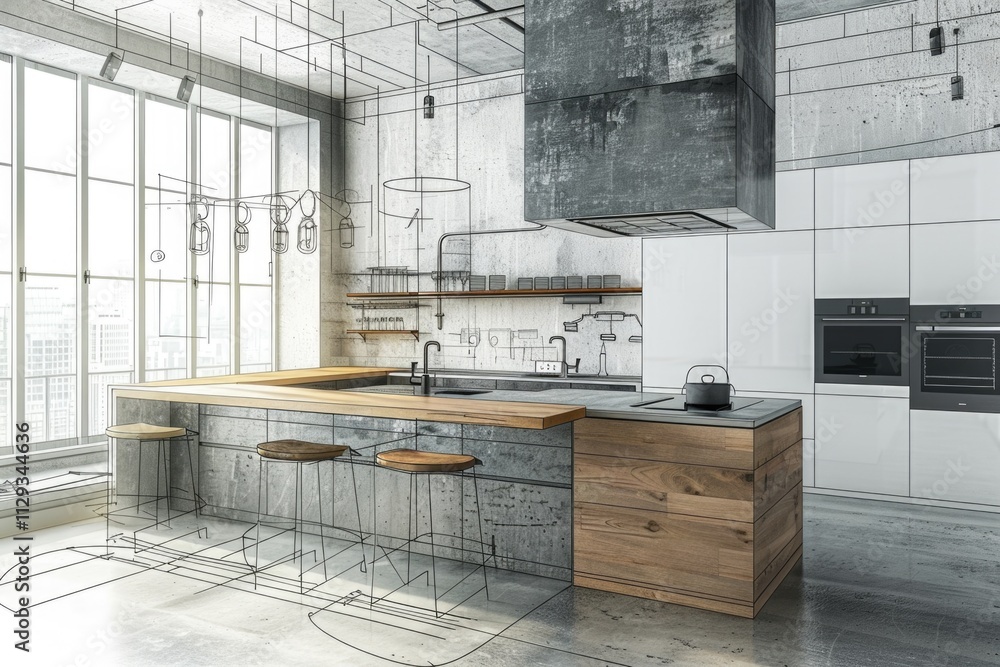 Poster a cozy kitchen with a big window letting in natural light, ideal for decorating and architecture pro