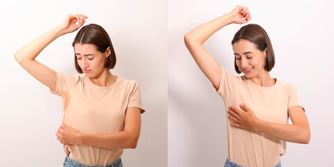 Personal care product. Woman on white background, before and after using of deodorant