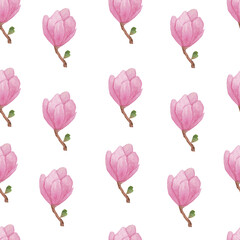 Flower Watercolor Seamless Pattern.Pink magnolia. Collection magnolia flowers on an isolated white background, watercolor floral design elements. Floral illustration for textile design  