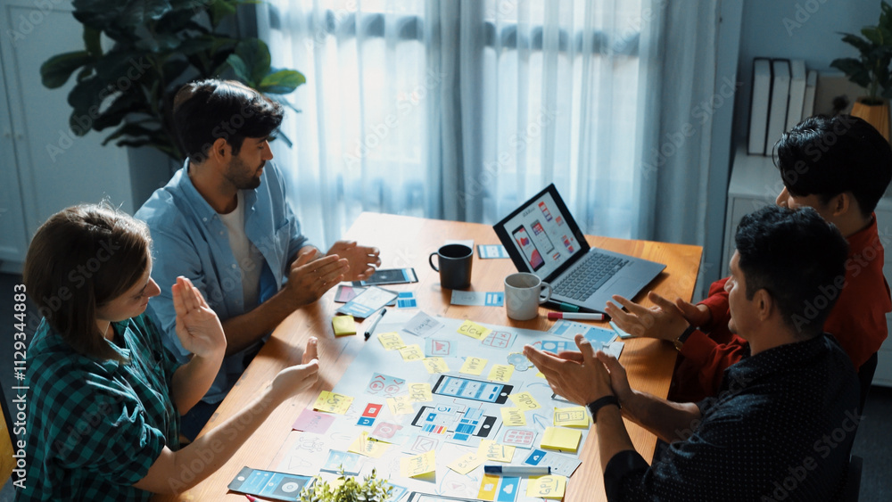 Poster top view of business team brainstorming idea by using mind map while clapping hand together. people 