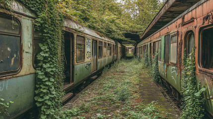 A long-forgotten railway station covered in ivy, with crumbling walls and overgrown plants surrounding the rusting trains.