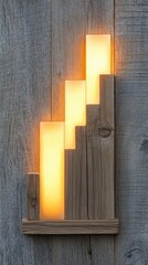 Warm wooden wall sconce with vertical glowing panels, AI