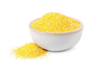 Raw cornmeal in bowl isolated on white