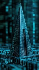 Futuristic pyramid-shaped skyscraper glowing with digital lights, AI