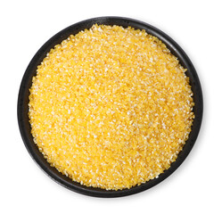 Raw cornmeal in bowl isolated on white, top view