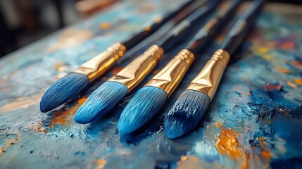 Obraz premium Four paintbrushes with blue bristles are sitting on a blue background